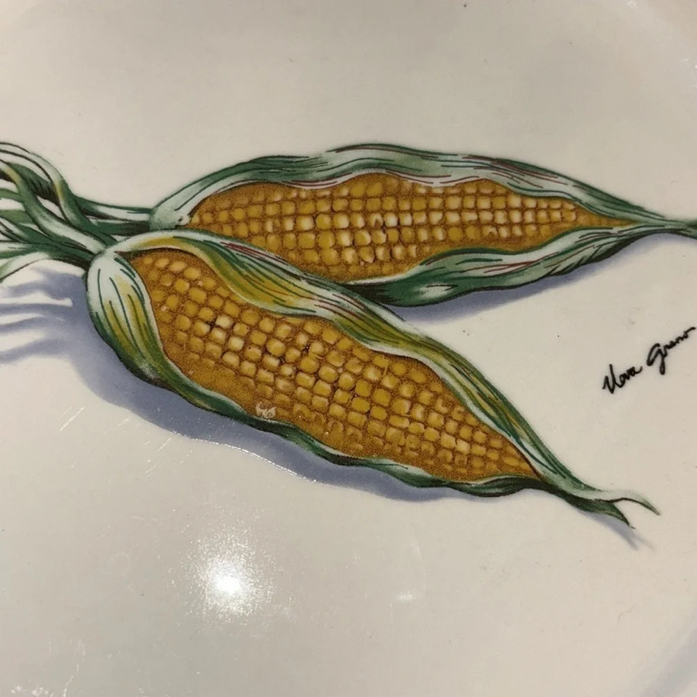 Red Gingham Corn Plate & Ceramic Corn Shaped holders / Small Forks Vintage 80s